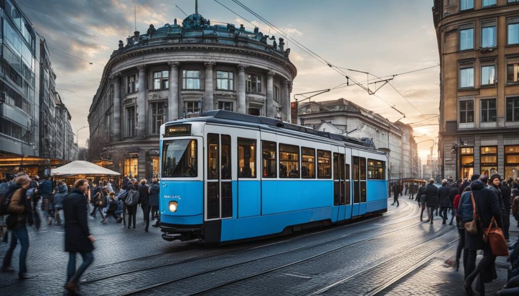 A bright blue tram rounds the corner, its sleek design standing out against the gray buildings