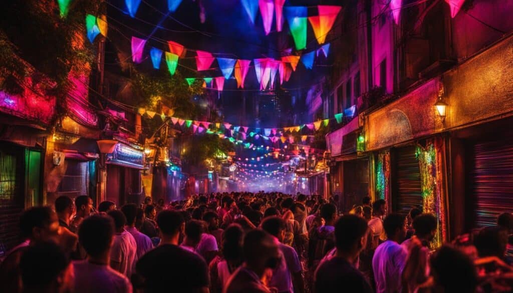 Neon lights blur into streaks of color as crowds spill out of packed nightclubs onto the streets