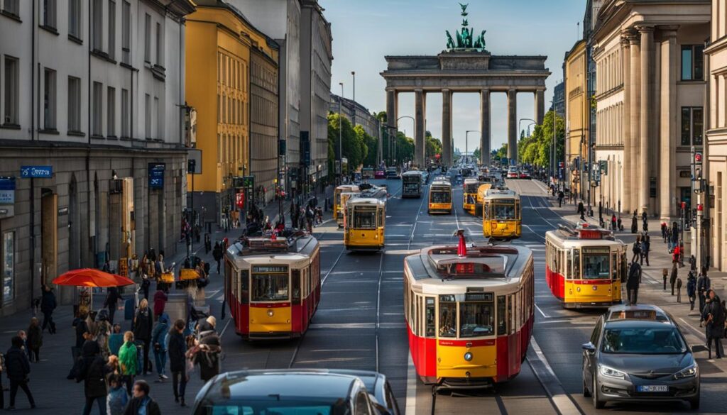 A bustling street in Berlin lined with colorful trams and buses