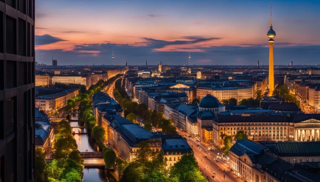 A panoramic view of Berlin's skyline at dusk