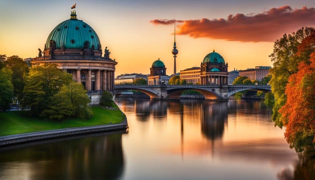 A serene sunset view of the Berlin skyline, with Museum Island in the foreground