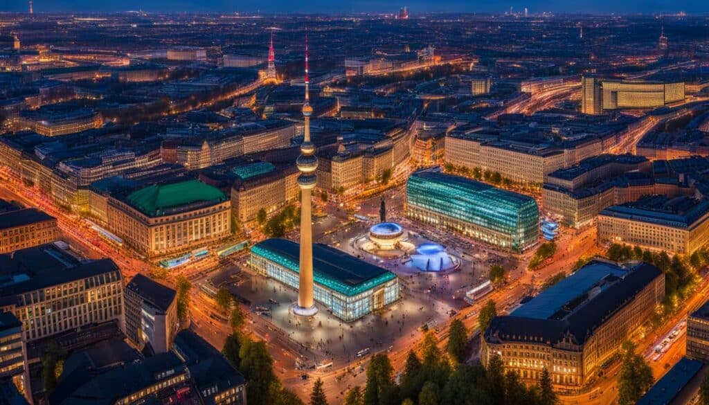 A bustling city square in the heart of Berlin, filled with towering skyscrapers and iconic landmarks