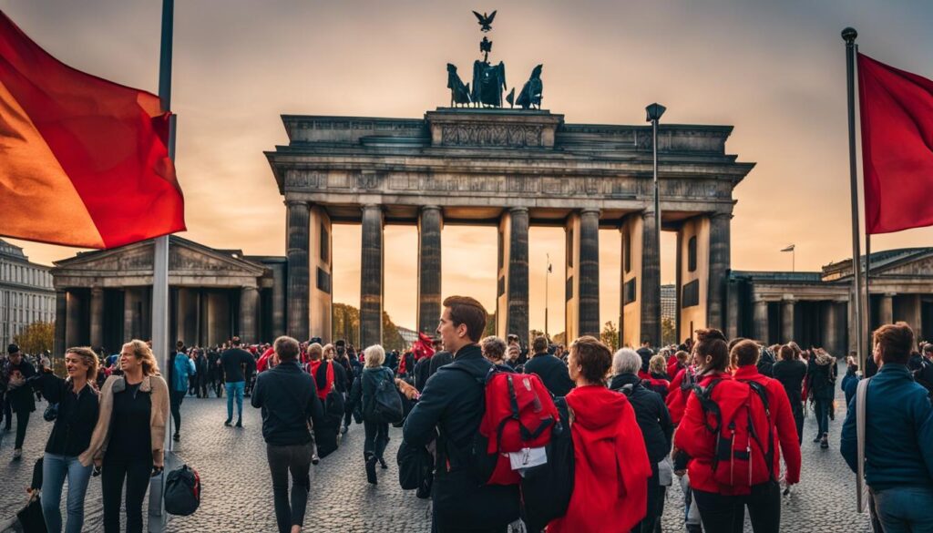 A bustling street in Berlin filled with tourists following a tour guide holding a flag