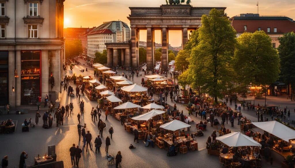 Ein Blick aus der Vogelperspektive auf die belebten Straßen Berlins bei Sonnenuntergang