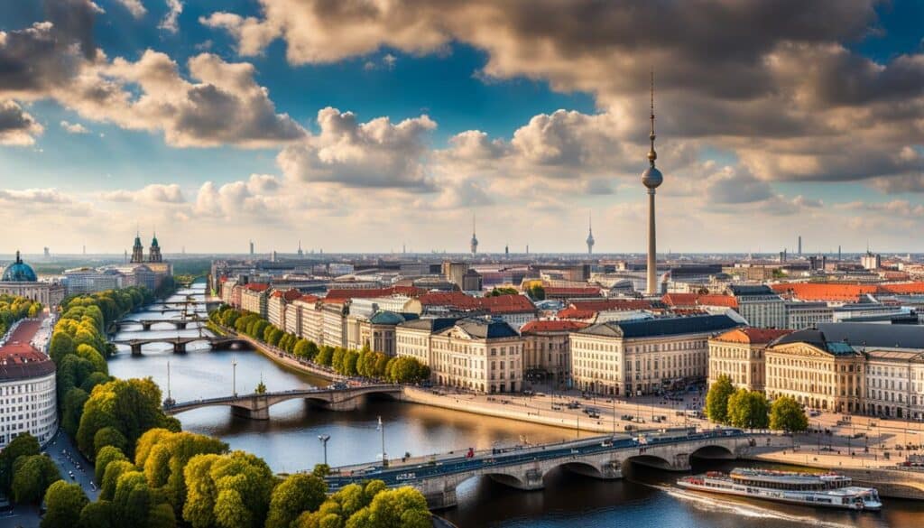 A panoramic view of Berlin's famous landmarks, including the Brandenburg Gate, Berlin Cathedral, and the TV Tower, from a high vantage point