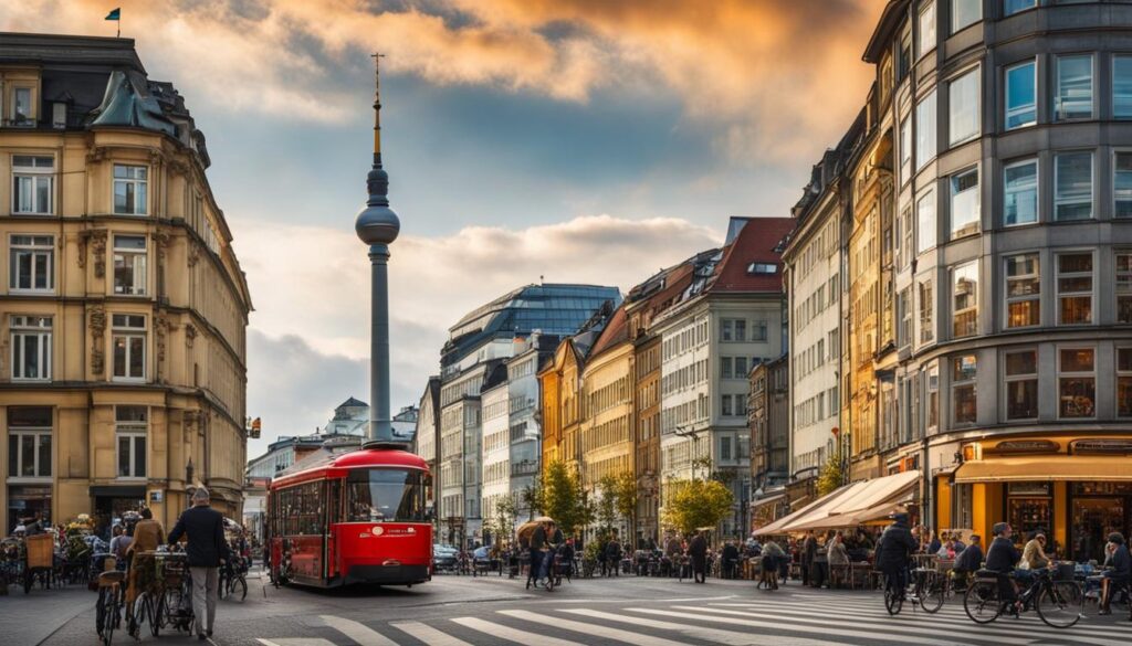 a bustling street in Berlin with iconic Cold War landmarks in the background and locals enjoying food and drinks at nearby cafes