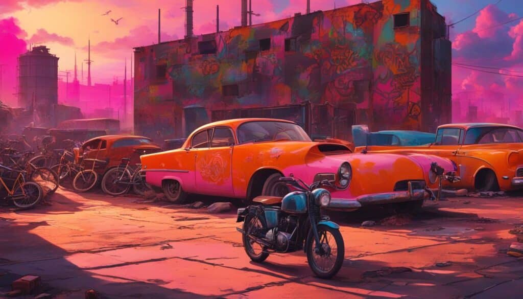 das Bild einer Person, die mit dem Fahrrad durch ein verlassenes Industriegebiet fährt, dessen Wände mit Graffiti beschmiert sind und in dem bunte Straßenkunst zu sehen ist