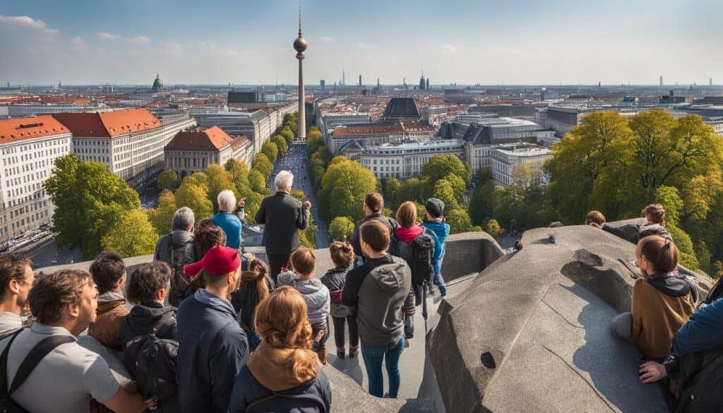 ein Panoramablick über Berlin vom Dach eines historischen Gebäudes aus, mit den Wahrzeichen der Stadt im Hintergrund