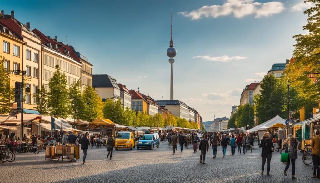 A bustling street in Berlin filled with colorful buildings, street art, and people enjoying the city vibe. The iconic TV Tower can be seen in the distance, towering over the city.