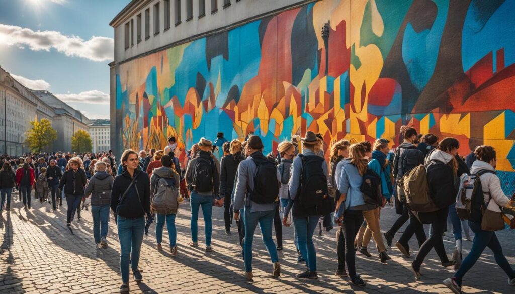 Eine Gruppe von Touristen geht an der Berliner Mauer entlang und bewundert die bunten Wandmalereien und Graffiti-Kunstwerke