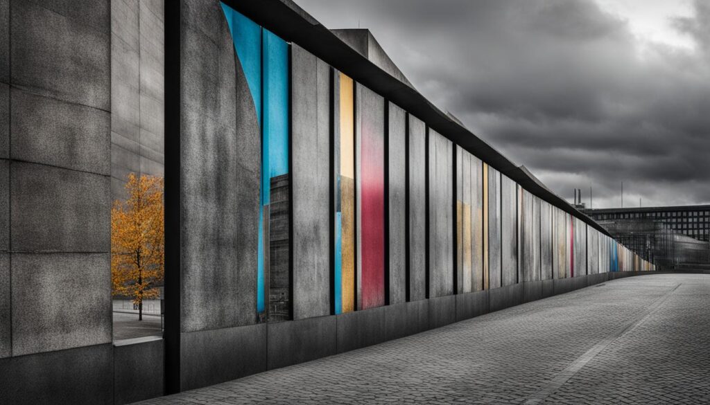 Berlin Wall Memorial by focusing on the stark contrast between the remaining sections of the wall and the surrounding modern cityscape