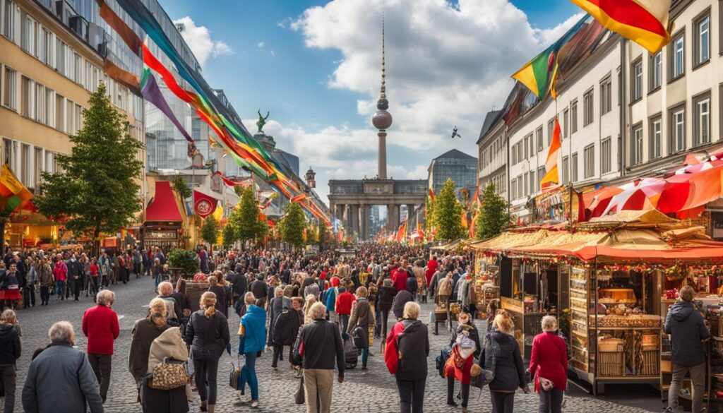 a bustling street scene in Berlin during one of the city's bank holidays in 2024