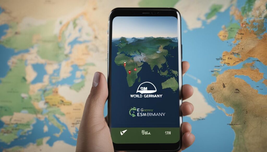 A traveler standing in front of a world map holding a smartphone with the e Sim Germany logo on the screen.