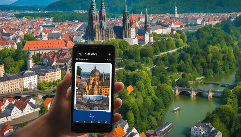ein Bild eines Reisenden, der eine eSIM in seinem Handy benutzt, während er Deutschlands berühmte Sehenswürdigkeiten und Attraktionen erkundet