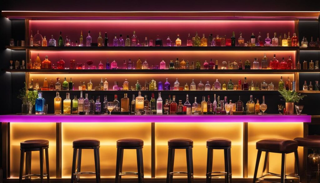 das Bild einer eleganten und stilvollen Bar mit Regalen voller ordentlich geordneter Schnapsflaschen an den Wänden