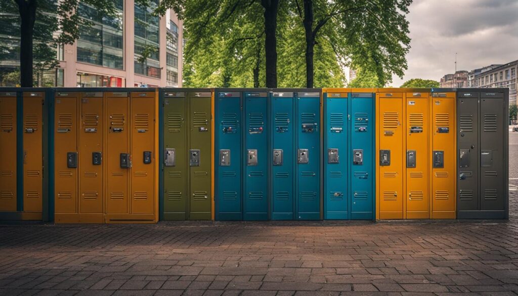 Colorful rows of lockers against a vibrant Berlin cityscape, with luggage tags and padlocks scattered throughout