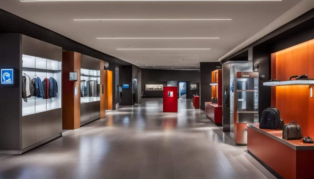 A bustling museum lobby with a sleek and modern luggage storage area tucked away in a corner. The luggage lockers are illuminated with soft lighting and have a security camera above them.