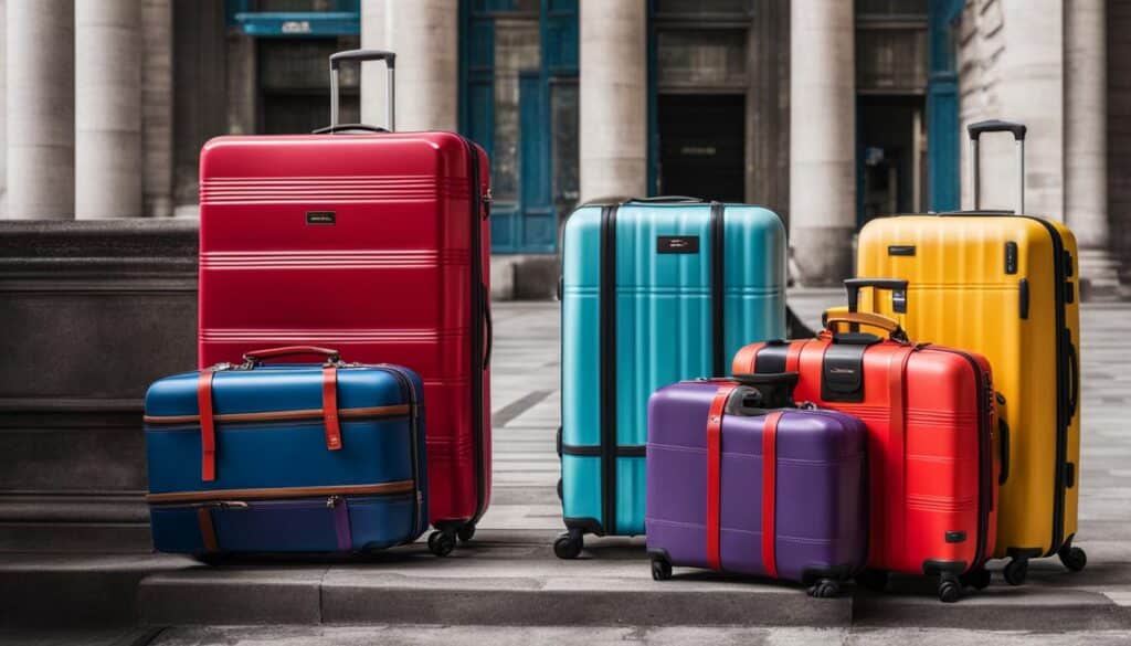 A stack of colorful suitcases next to a price tag labeled "affordable" with a Berlin landmark in the background.