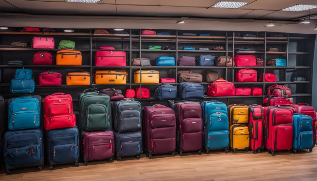 A colorful and welcoming storage room filled with neatly stacked suitcases and backpacks