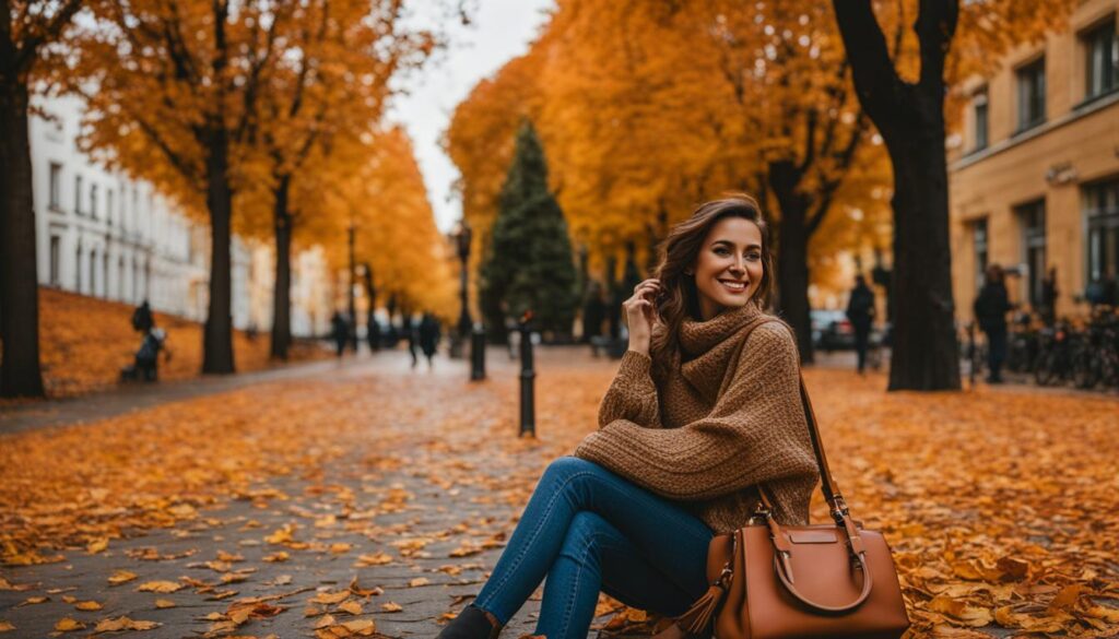Eine Person geht eine Berliner Straße entlang, auf der bunte Herbstblätter auf dem Boden verstreut sind. Sie trägt einen gemütlichen Pullover, Jeans und Ankle Boots.