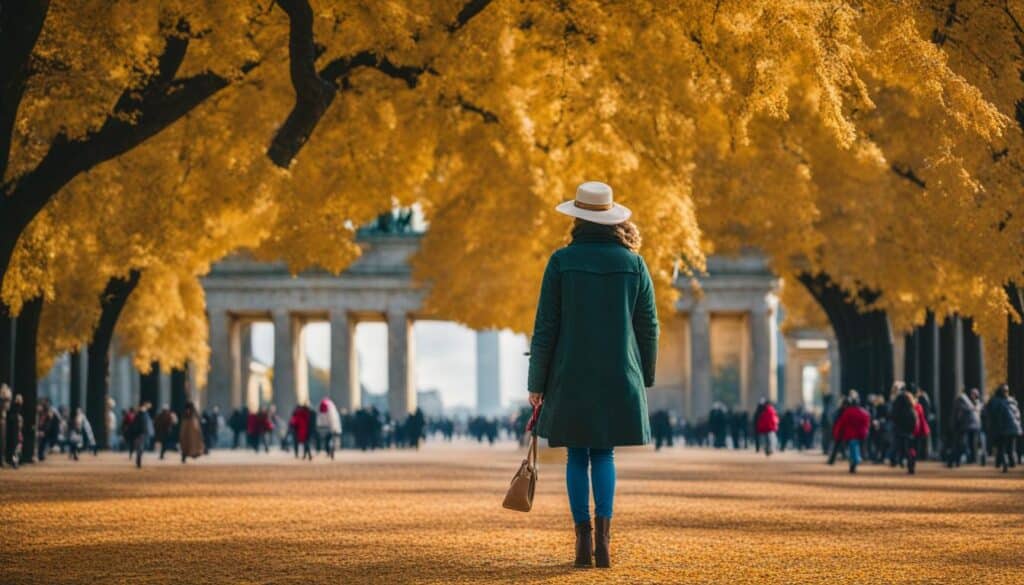 Ein Bild von einer Person, die vor dem Brandenburger Tor in Berlin steht und passend zur aktuellen Jahreszeit gekleidet ist: ein kuscheliger Schal und eine Jacke im Winter, ein leichter Pullover und Jeans im Frühling, ein Sommerkleid und ein Hut im Sommer und eine bunte Jacke und Stiefel im Herbst.
