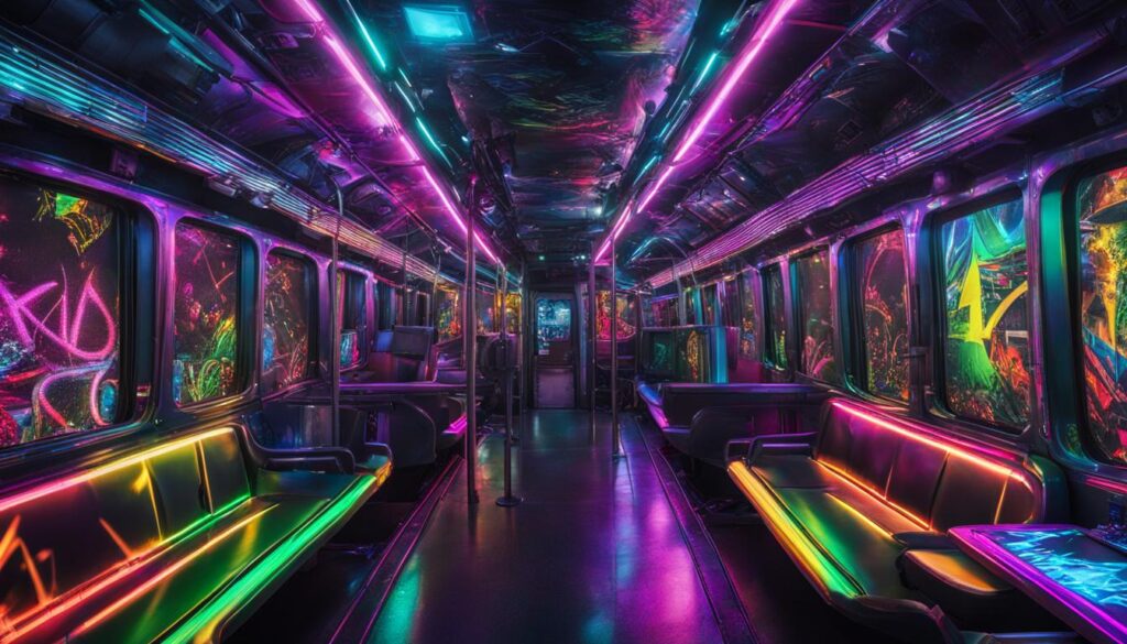 techno party train party (picture inside with vibrant colours)