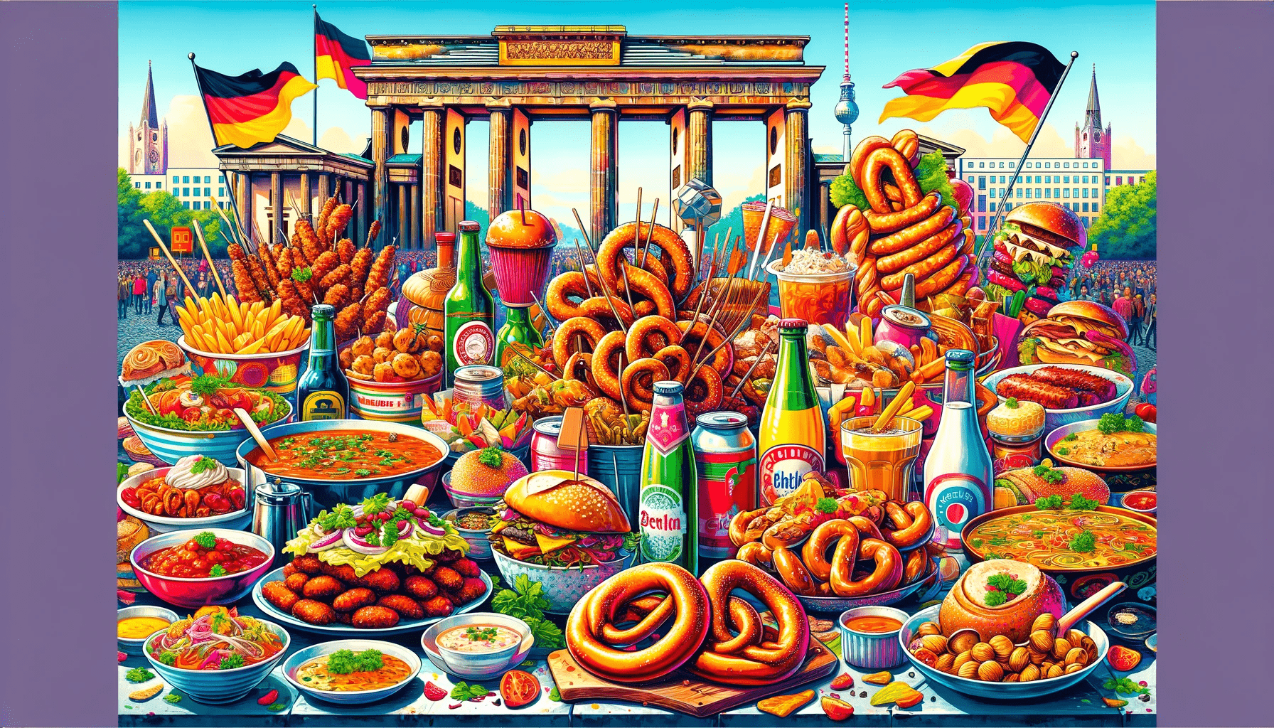 A painting of an appetizing scene of food displayed in front of the Berlin Brandenburg Gate.