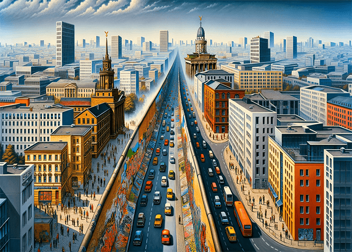 A painting depicting the urban development of a city, inspired by the iconic Berlin Wall.