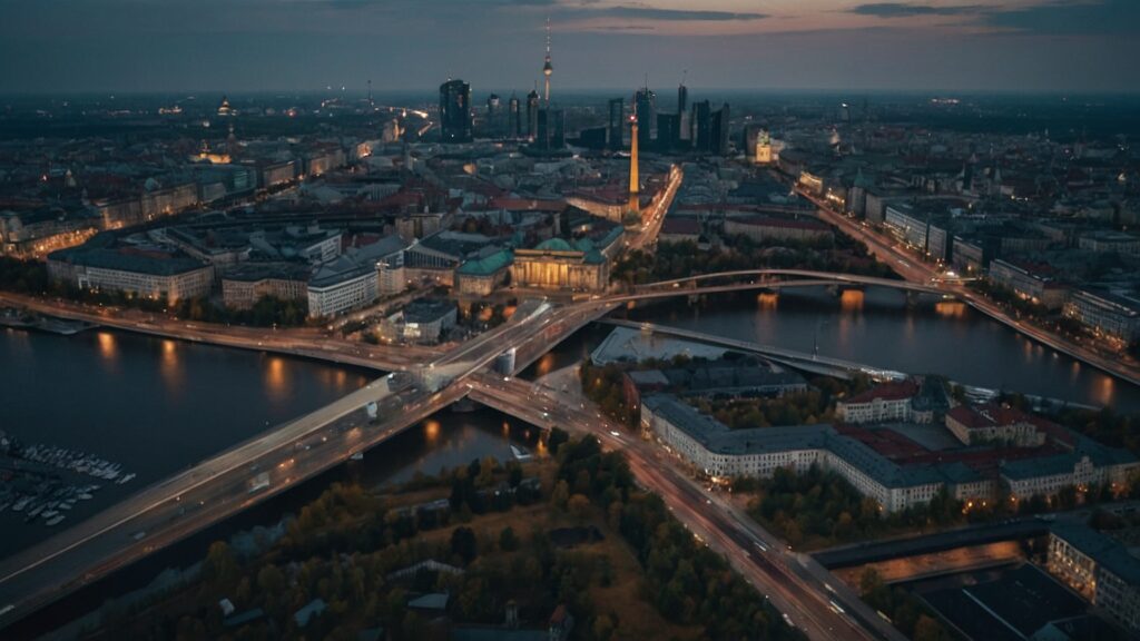 Luftaufnahme der Skyline von Berlin in der Abenddämmerung, dem nächstgelegenen Land.