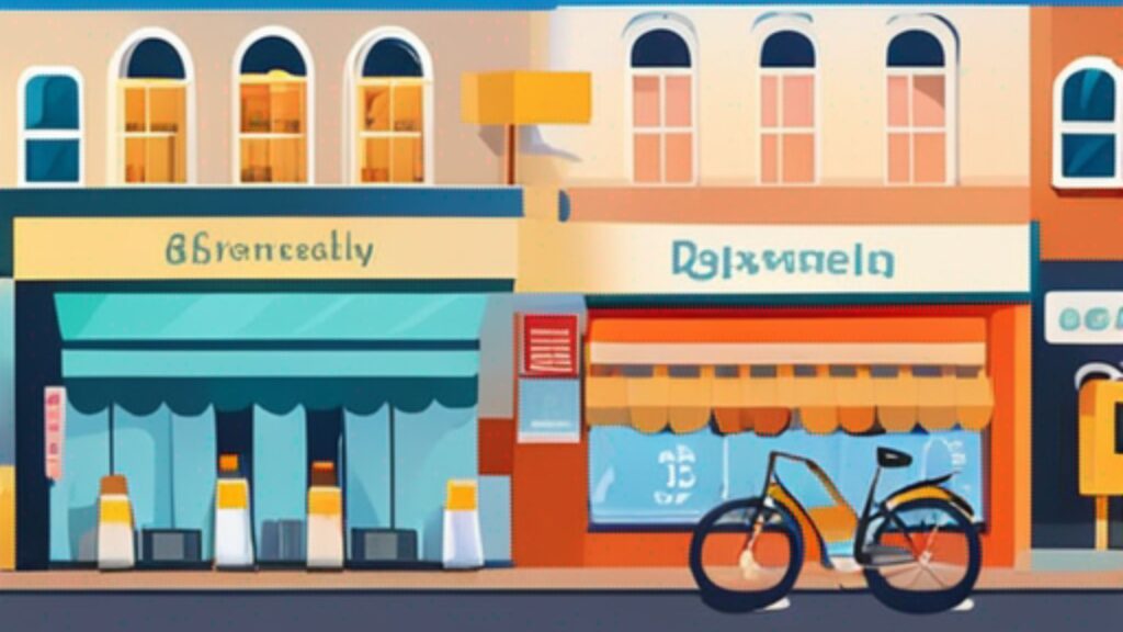 Eine Cartoon-Illustration einer Straßenszene mit einem vor einem Geschäft geparkten Fahrrad.
